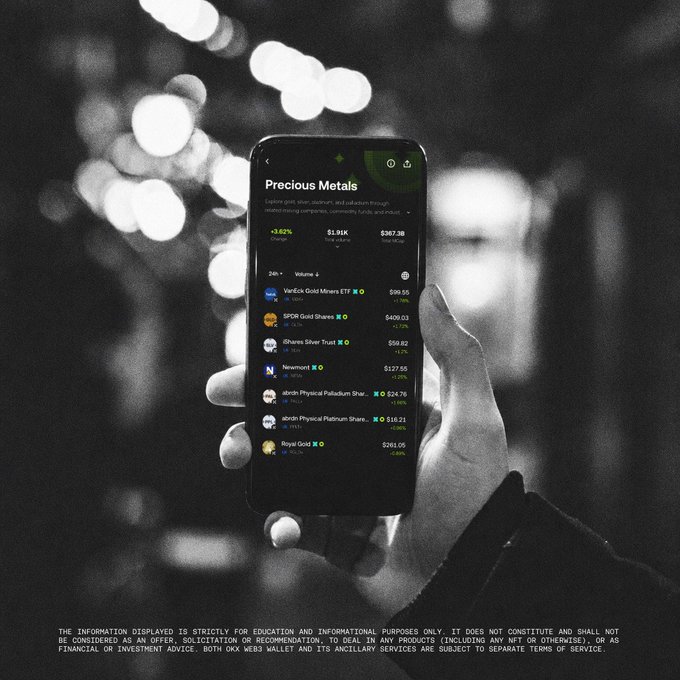A black and white image shows a hand holding a smartphone displaying the OKX Wallet app's "Precious Metals" section, listing 24-hour prices for assets like VanEck Gold Miners ETF ($99.55), SPDR Gold Shares ($409.03), iShares Silver Trust ($59.82), and abrdn Physical Palladium Shares ($264.76) against a bokeh light background.

This visual reinforces the post's message by showcasing how the wallet extends beyond crypto and equities to let users track traditional precious metals like gold, silver, and platinum alongside their broader onchain portfolio.