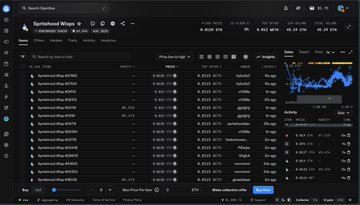 A dark-themed cryptocurrency portfolio dashboard showing a 'Spinhive Wines' token selection and a list of trades with prices, amounts, and a small price chart on the right side.