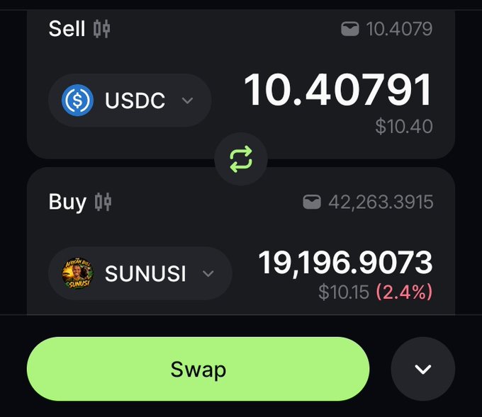 The image shows a crypto swap interface on a platform (likely a DEX like Jupiter), where a user is selling 10.40791 USDC to buy 19,196.9073 SUNUSI tokens, reflecting the post's mention of selling $10 worth of holdings to accumulate more $SUNUSI. The green "Swap" button is visible at the bottom, ready to execute the trade at the current price.