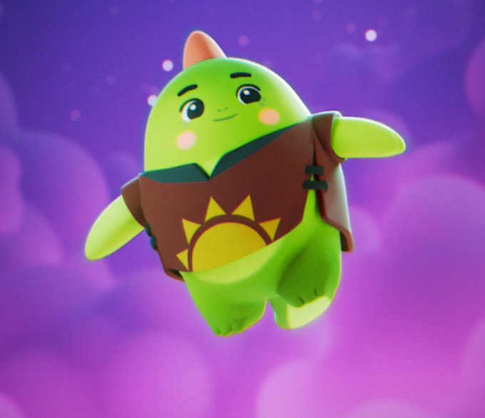 A 3D-rendered green cartoon character with a small orange horn, wearing a brown vest with a yellow sun design, floating against a dreamy purple sky.