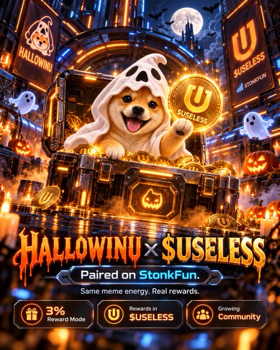 A promotional graphic for a Halloween-themed meme coin called 'HALLOWINU x $USELESS' features a Shiba Inu dog in a ghost costume with pumpkins and gold coins.