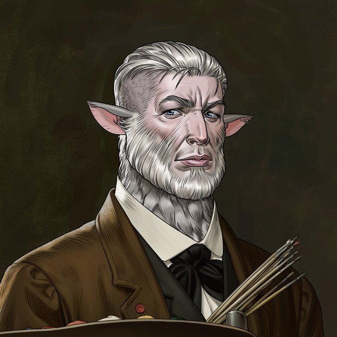 A stylized illustration of an older man with pointed ears, a thick grey beard, and a serious expression, wearing a brown jacket and holding an artist's palette and brushes.