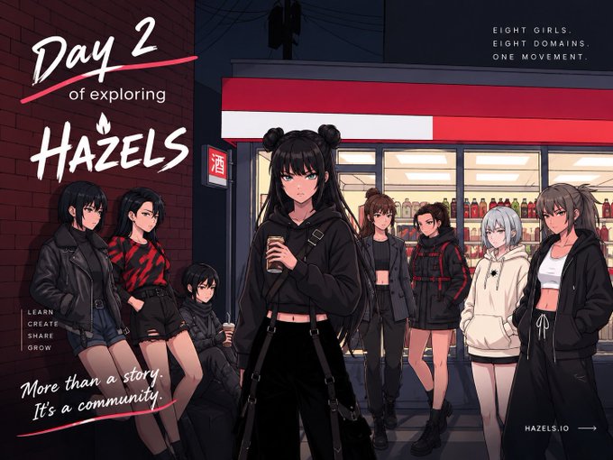 An anime-style illustration titled "Day 2 of exploring HAZELS" shows a group of female characters outside a convenience store, with the tagline "More than a story. It's a community." and text reading "EIGHT GIRLS. EIGHT DOMAINS. ONE MOVEMENT."