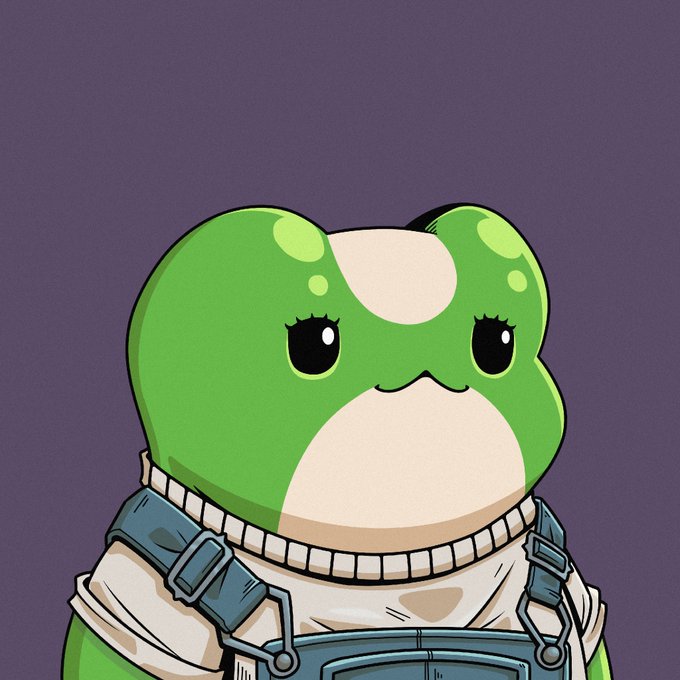 Cartoon illustration of a green frog character with a white face and belly, wearing overalls with straps, set against a purple background.
