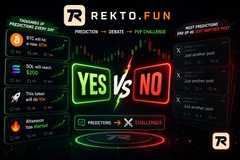 Promotional graphic for Rekto.fun, a crypto prediction market platform showing 'YES vs NO' with 'PVP CHALLENGE' text and various statistics panels on a dark background.