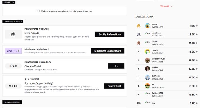 The image shows a screenshot of an online auction site called Quip Network, which has a leaderboard for a competition. The website displays various posts related to the competition, including one that says "8.7k points is that enough to win an Eigen Key?". The post also mentions that there are other posts about the same competition on the site. The image suggests that the auction might be taking place in the near future or has already ended, as it shows a leaderboard with a high number of points and a discussion about the current status of the auction.
