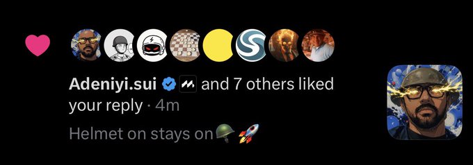 The image shows an Instagram notification where "Adeniyi.sui" (verified) and 7 others liked a reply stating "Helmet on 🚀." To the right is a profile picture of a bearded man wearing a green military-style helmet, which ties into the "Sui Trenchers" post theme of soldiers assembling.