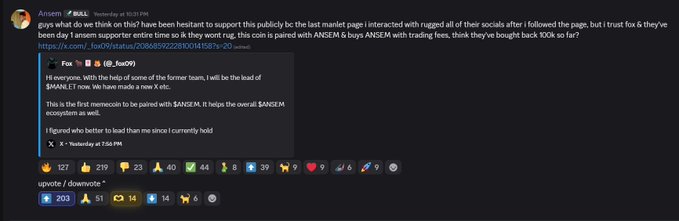 A Discord message from user 'Ansem' discussing token support, mentioning ANSEM and ANSEm memecoins being paired on a DEX, with an embedded quote from 'Fox' about memecoin dynamics.