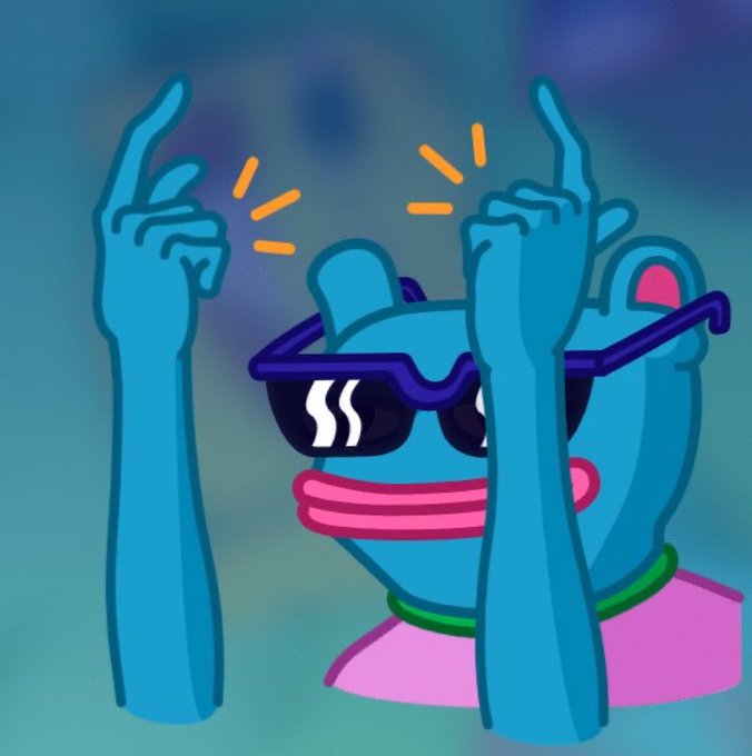 A cartoon illustration of a blue character wearing oversized black sunglasses and a pink scarf, raising both hands with index fingers pointing upward.