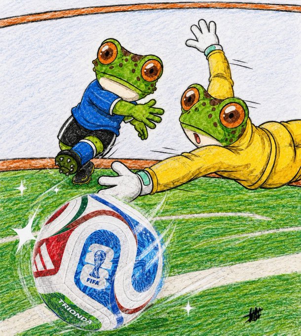 A hand-drawn illustration depicts two anthropomorphic frogs in soccer uniforms diving for an Adidas Trionda FIFA World Cup ball on a green field.