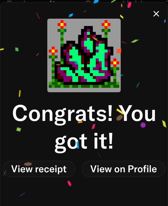 A confirmation screen displaying a pixel art crystal and the text "Congrats! You got it!" with confetti animation and buttons to view receipt or profile.