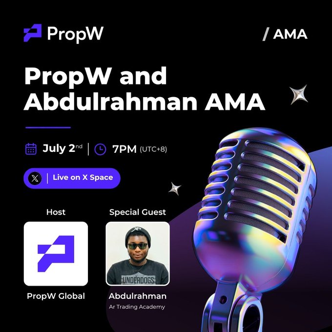 A promotional graphic for a "PropW and Abdulrahman AMA" event scheduled for July 2nd at 7PM (UTC+8), featuring a vibrant 3D microphone on a black background, with PropW Global as the host and Abdulrahman from AI Trading Academy as the special guest, set to be broadcast live on X Space. This AMA announcement relates to the post by promoting an upcoming PropW community event, potentially tied to their $2,000 Challenge Account giveaway winners.