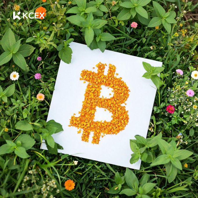 A Bitcoin logo made from orange flower petals arranged on a white paper placed in a grassy garden, with the 'KCEX' logo in the upper left corner.