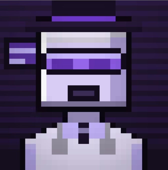 A pixel art illustration of a character wearing a purple striped visor that obscures the eyes, a white tank top, and suspenders against a dark purple striped background.