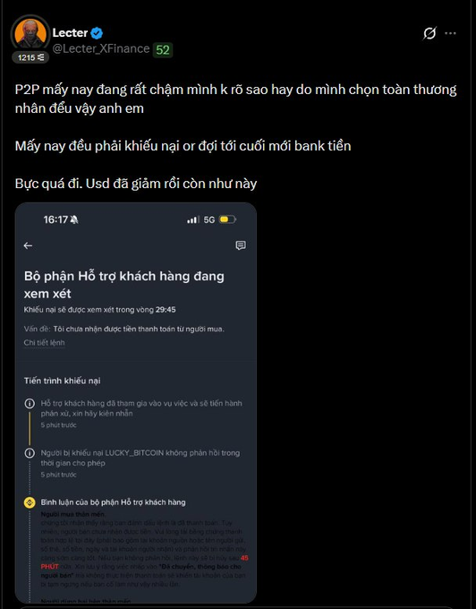 A Twitter/X post from Lecter (@LecterXFinance) criticizing P2P services, showing a screenshot of Binance customer support stating they do not resolve peer-to-peer complaints, with Vietnamese text reading 'P2P mấy nay đang rất chậm mình k rõ sao hay do mình chọn toàn thưng nhận đều vậy anh em'.