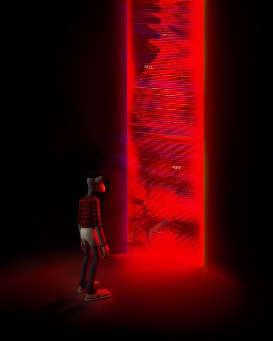 A 3D-rendered figure in a plaid shirt stands before a glowing red portal with the words "STILL" and "HERE" visible within the static-like light.