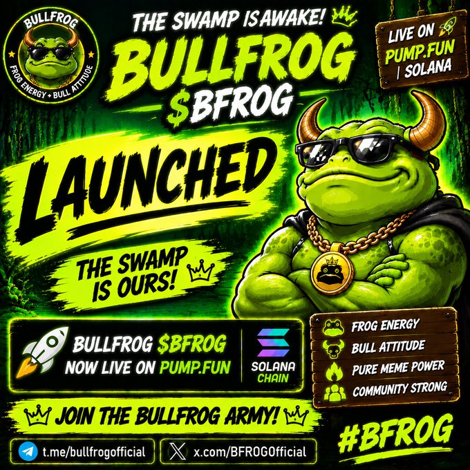 A promotional graphic for 'BULLFROG $BFROG' meme coin on Pump.Fun/Solana, featuring a muscular green frog wearing sunglasses and a gold chain with the tagline 'THE SWAMP IS AWAKE!' and 'LAUNCHED.'