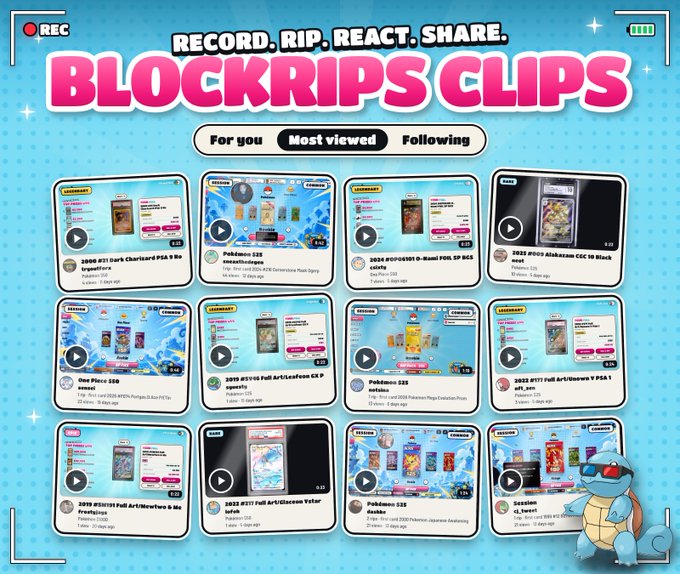A 'Blockrips Clips' interface showing a grid of video thumbnails featuring various trading card product openings and pulls.
