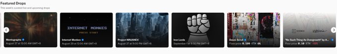 A screenshot of a 'Featured Drops' section displaying six upcoming NFT drops including Montegraph, Internet Monkeys, Project MRBURN, Ban Lords, and Dead Emoji with their scheduled dates.