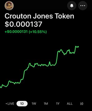 A crypto price chart showing the 'Crouton Jones Token' at $0.000137 with a +10.55% gain displayed in green.