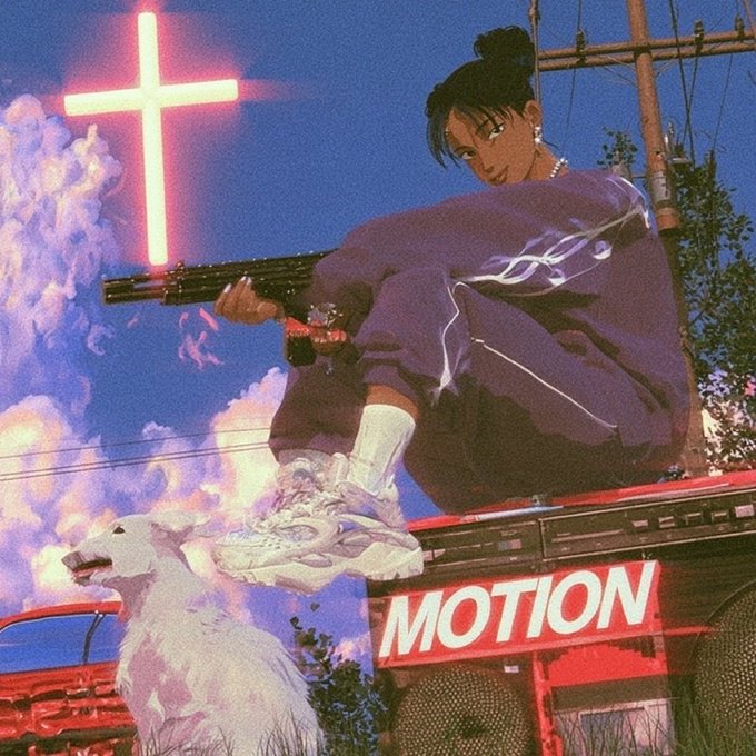 A vintage-style illustration shows a person holding a gun, standing on a red vehicle labeled 'MOTION' near a dog, with a glowing neon cross in the sky.