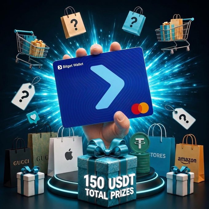 A promotional giveaway image for Bitget Wallet featuring a hand holding a blue Bitget Wallet Mastercard card (with the Mastercard logo visible) surrounded by shopping carts, shopping bags, and gift boxes including branded bags from Gucci, Apple, and Amazon, alongside a glowing blue gift box labeled "150 USDT TOTAL PRIZES" and a stack of USDT coins, all set against a dynamic blue light burst background, visually reinforcing the post's giveaway announcement of 150 USDT split among 5 winners and the prompt asking what users would buy with the unlimited Bitget Wallet Card.