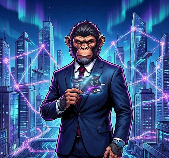 AI-generated digital artwork of a chimpanzee in a navy blue suit and red tie holding a 'SGANG' Visa credit card, set against a cyberpunk cityscape with neon lights and aurora borealis.