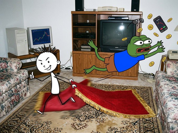 A crudely drawn stick figure with a smug grin holds a red carpet rug away from an angry Pepe the Frog character reaching for gold coins and a smartphone, set in a vintage 1990s living room. The image humorously visualizes the "$NETBOY" meme's nostalgic comeback, with the carpet symbolizing the post's claim of being early to this OG internet coin with locked supply and viral potential.