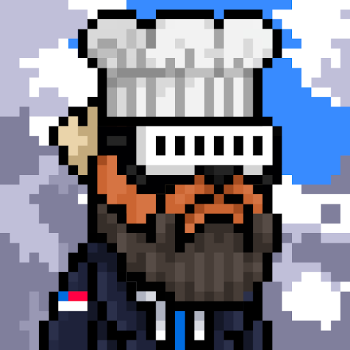A pixel-art character wearing a tall white chef's hat with a black visor, featuring an orange beard and a small patch of the Serbian flag on its shoulder, appears against a cloudy blue background. The image serves as a mascot-style avatar representing the $MUD NFT project's ambitious ecosystem vision of NFTs, staking, games, and tools building together.