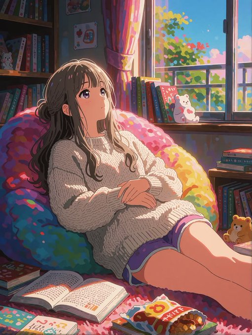 An anime-style illustration of a girl with long brown hair in an oversized sweater, reclining on a colorful beanbag in a sunlit room with bookshelves.