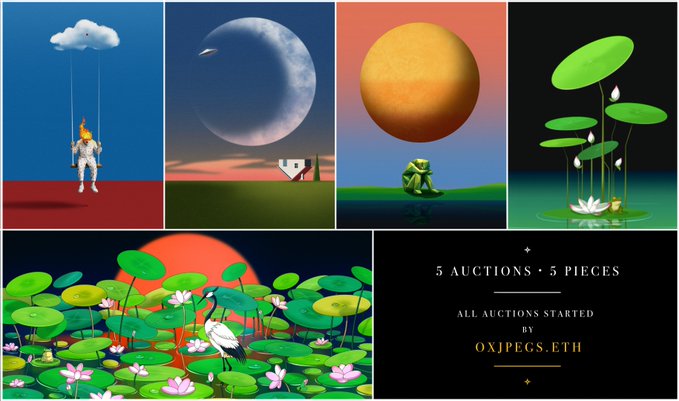 A promotional collage for '5 AUCTIONS • 5 PIECES' with 'ALL AUCTIONS STARTED BY OXJPECS.ETH', showing various digital artworks including clouds, a moon, a sun, lily pads, and a heron.