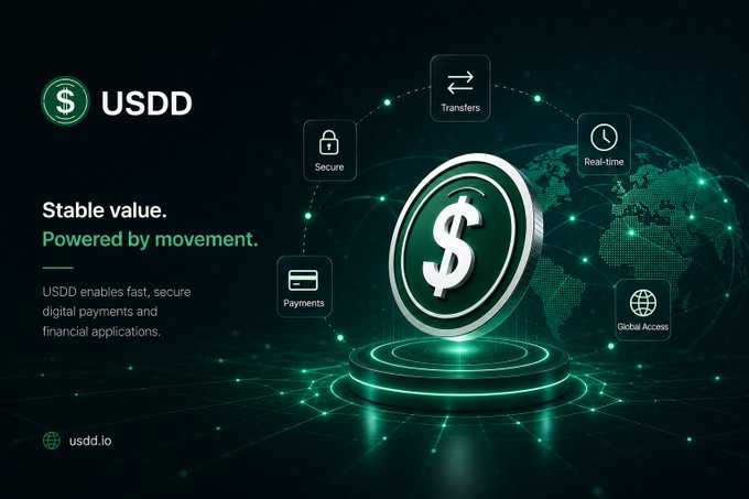 USDD cryptocurrency promotional graphic with green theme showing 'Stable value. Powered by movement.' and icons for Secure, Transfers, Real-time, Payments, and Global Access.