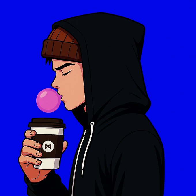 An anime-style illustration shows a person in profile wearing a black hoodie and brown beanie, blowing a pink bubblegum bubble while holding a coffee cup with a logo on it, set against a solid blue background.