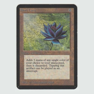 A Black Lotus Magic: The Gathering trading card valued at $500,000, one of the rare cards allegedly purchased using $53 million stolen from a crypto exchange. The card depicts a blue lotus flower and has an artwork credit to Christopher Rush.