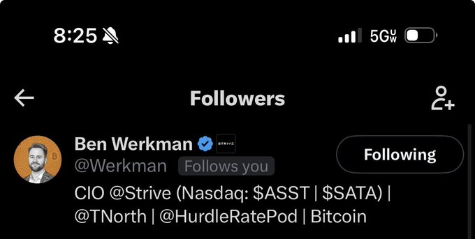 The image shows a Twitter/X "Followers" list featuring Ben Werkman (@Werkman), a verified CIO at Strive (Nasdaq: $ASST | $SATA), with the post noting a bullish stance on $ASST, reinforcing the call to lock in more of the stock.