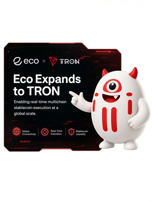 Eco's official announcement of expanding to TRON, featuring the brands' logos and a red-and-white cartoon mascot, with text highlighting "Eco Expands to TRON" for "Enabling real-time multichain stablecoin execution at a global scale." The post supports this by explaining that the integration brings new global stablecoin liquidity solutions through TRON's leading USDT network.