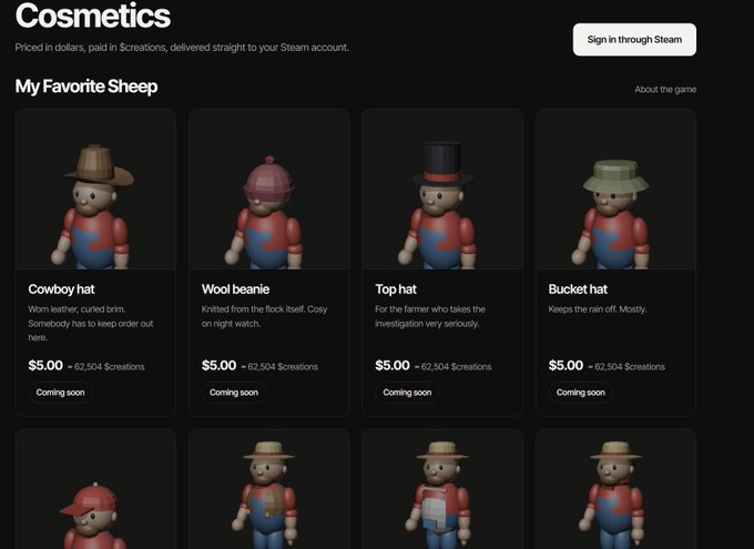 A Steam cosmetics store page for a game called 'My Favorite Sheep,' displaying hat items (Cowboy hat, Wool beanie, Top hat, Bucket hat) priced at $5.00, all marked 'Coming soon.'