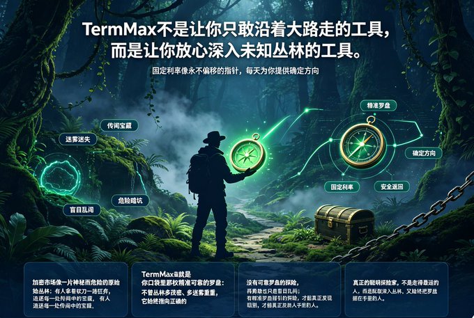A silhouetted explorer stands in a misty jungle holding a glowing green compass, surrounded by Chinese text promoting TermMax as a reliable compass for navigating the unpredictable crypto market, with a treasure chest and labeled features like "确凿迷失" (sure to get lost) and "精准罗盘" (precision compass) illustrating the contrast between reckless trading and guided investing.