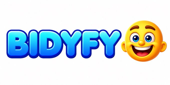 A cartoon logo featuring the text 'BIDYFY' in bubbly blue gradient letters next to a smiling emoji character with large blue eyes.
