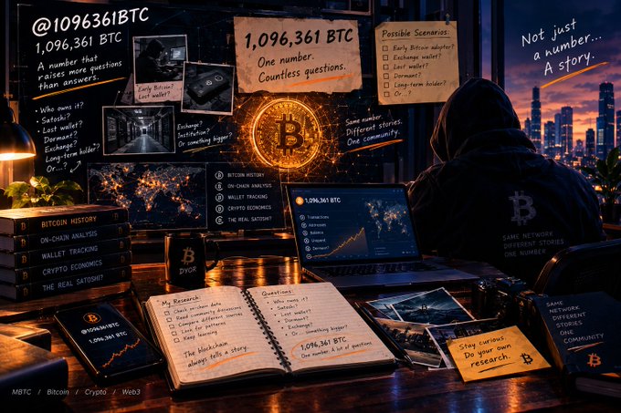 An AI-generated image of a workspace dedicated to Bitcoin research, displaying 1,096,361 BTC with the handle @1096361BTC, surrounded by books on crypto economics, a glowing Bitcoin emblem, and notes exploring possible scenarios.