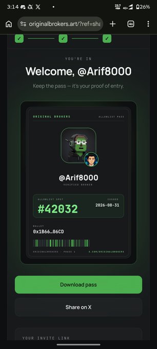 A mobile screen shows a welcome page for 'originalbrokers.art' displaying 'Welcome, @Arif8000' with a verified broker pass number '#42032' and issued date '2026-08-31'.