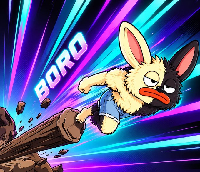 An animated illustration shows a determined-looking rabbit-like character wearing blue shorts, charging forward with the word "BORO" displayed in bold letters against a colorful streaked background.