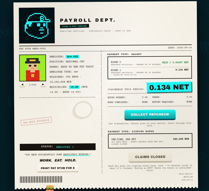 A digital pay stub from 'PAYROLL DEPT.' for employee Bro #55, a Regional CEO, showing payment type 'SALARY' with a claimable amount of '0.134 NET' and a 'COLLECT PAYCHECK' button.