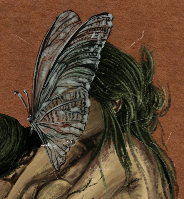Illustration of a figure with green dreadlocked hair, partially obscured by large butterfly wings, set against a rust-colored background.