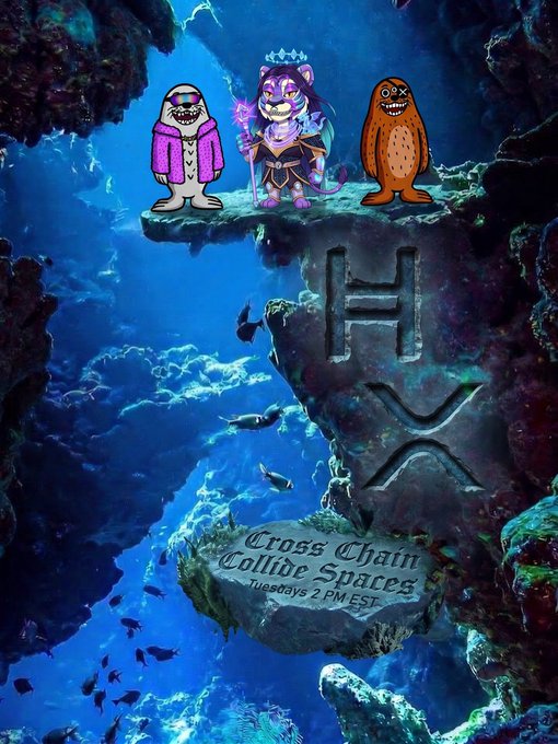 An underwater-themed fantasy illustration shows cartoon characters, including a cat in royal attire, standing on a rock formation above a chasm, with text reading 'Cross Chain Collide Spaces Tuesdays 2 PM EST'.