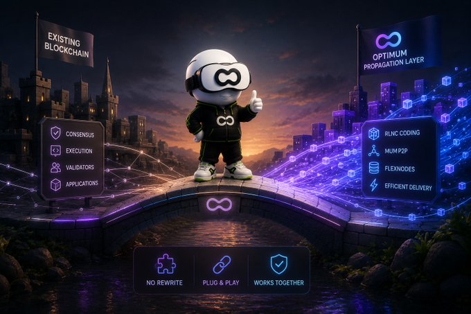 A promotional image for a blockchain technology featuring an astronaut mascot in a suit with an infinity logo, standing on a glowing bridge connecting 'EXISTING BLOCKCHAIN' (with Consensus, Execution, Validators, Applications) on the left to 'OPTIMUM PROPAGATION LAYER' (with RLNC Coding, MUM P2P, FlexNodes, Efficient Delivery) on the right, with tags 'NO REWRITE,' 'PLUG & PLAY,' and 'WORKS TOGETHER' at the bottom.