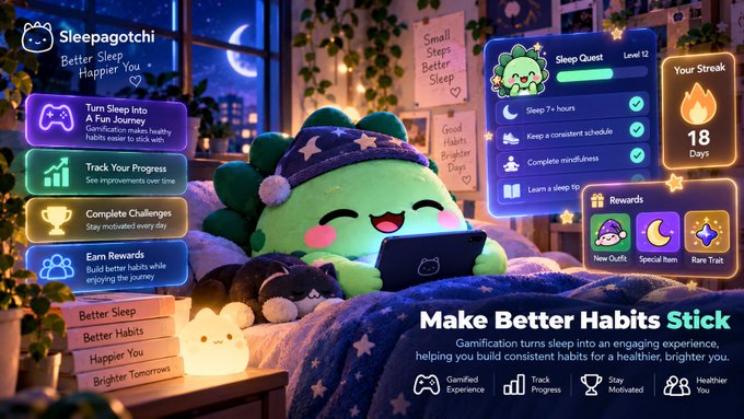 An advertisement for 'Sleepagotchi' promotes better sleep habits with gamification, showing a green dinosaur character and a 'Sleep Quest Level 12' interface with an 18-day streak.
