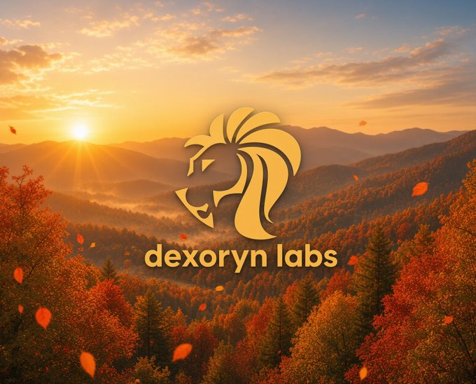 A golden lion logo for 'dexoryn labs' centered over a scenic mountain landscape at sunset with autumn foliage.