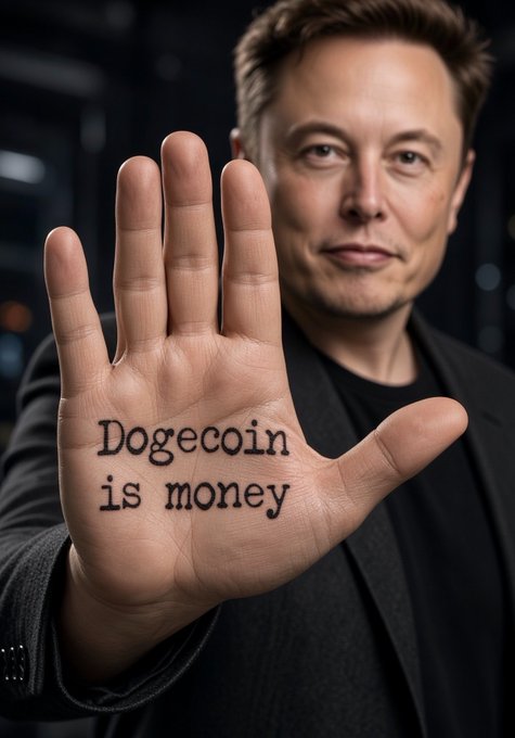 A man holds up his palm displaying the text 'Dogecoin is money' tattooed or written on it.
