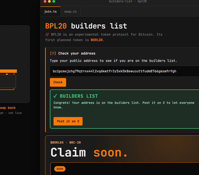 A dark-themed webpage titled 'BPL20 builders list' showing a successful check result with a green confirmation message, a Bitcoin public address, and a 'Claim soon' section for the $WORLDX token.